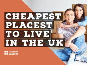 Cheapest Places To Live in the UK text with young couple in new home with unpacked boxes in background.